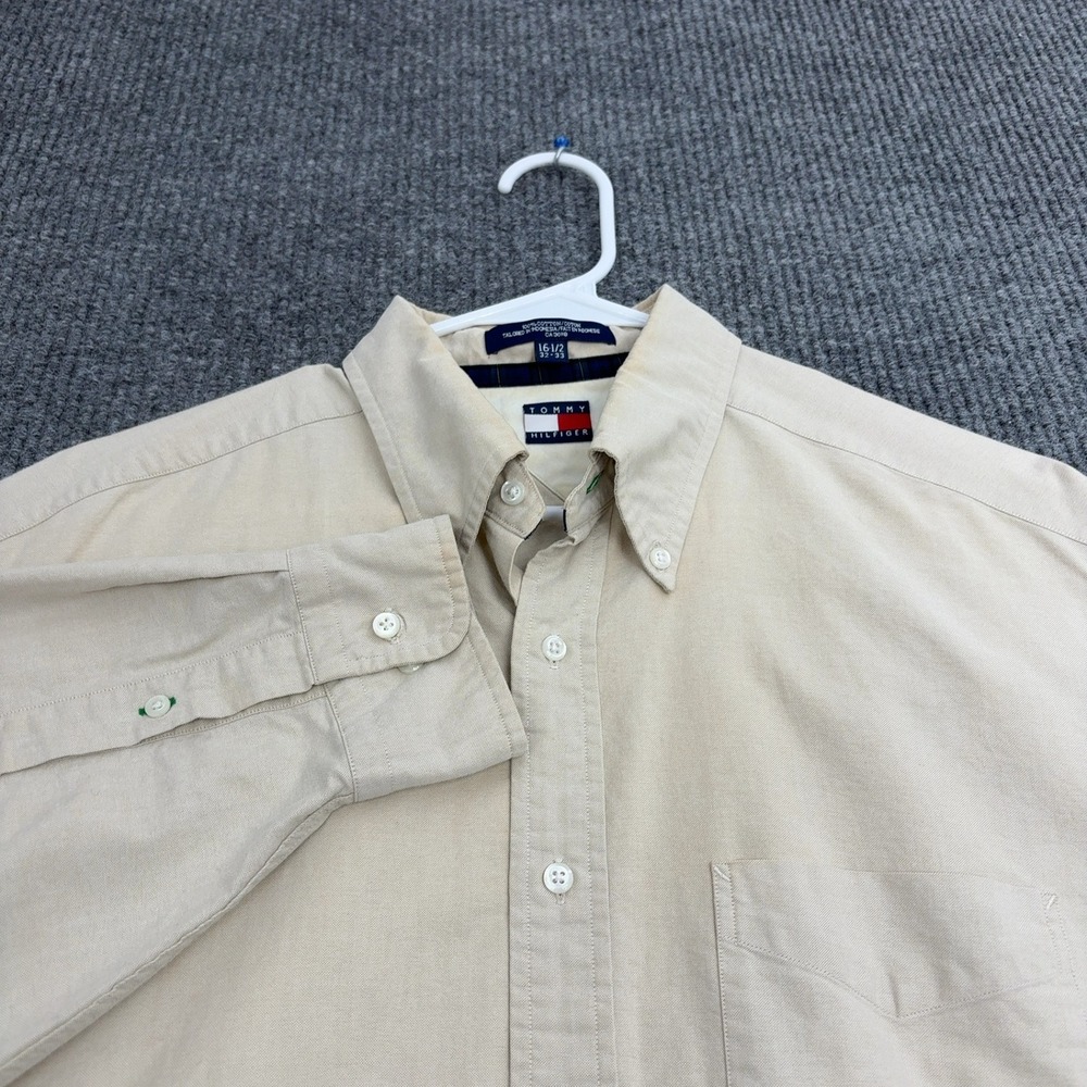 Tommy Hilfiger Button Down Shirt Mens 16.5 Beige Cotton Crest Embroidered Preppy
